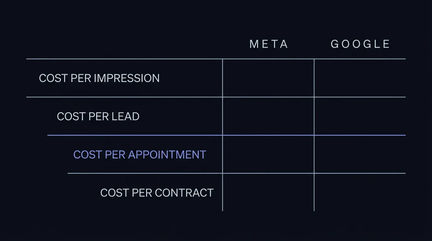 Four-rung reporting ladder from cost per impression down to cost per signed contract, split into a Meta column and a Google column