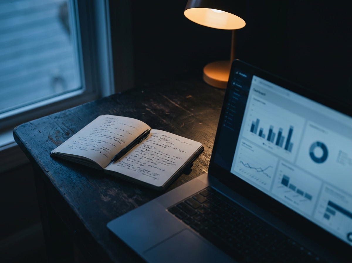 A quiet, moody planning desk scene at dusk representing Aquathority's custom, market-by-market approach to marketing strategy