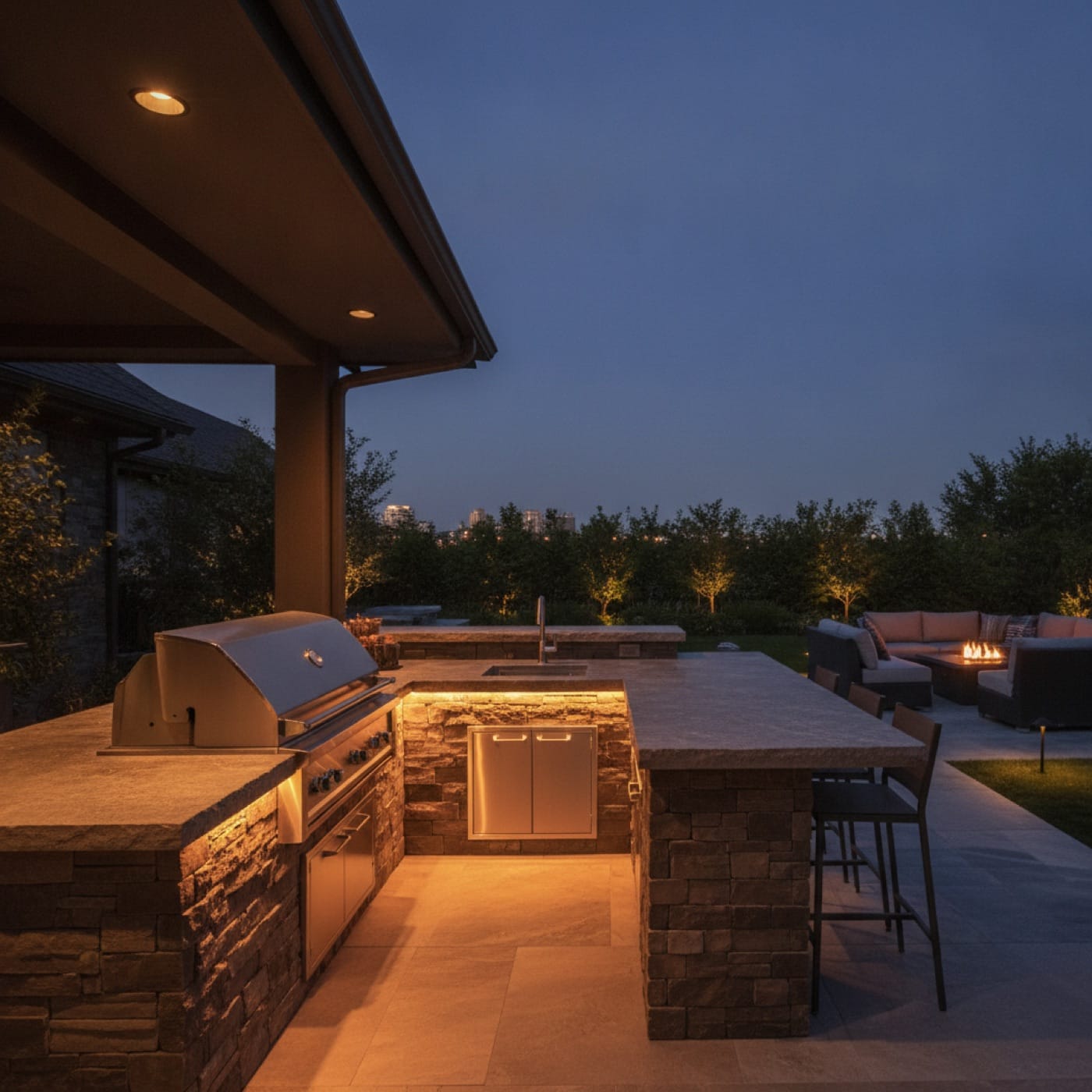 A luxury outdoor kitchen and grilling space by Oasis at dusk