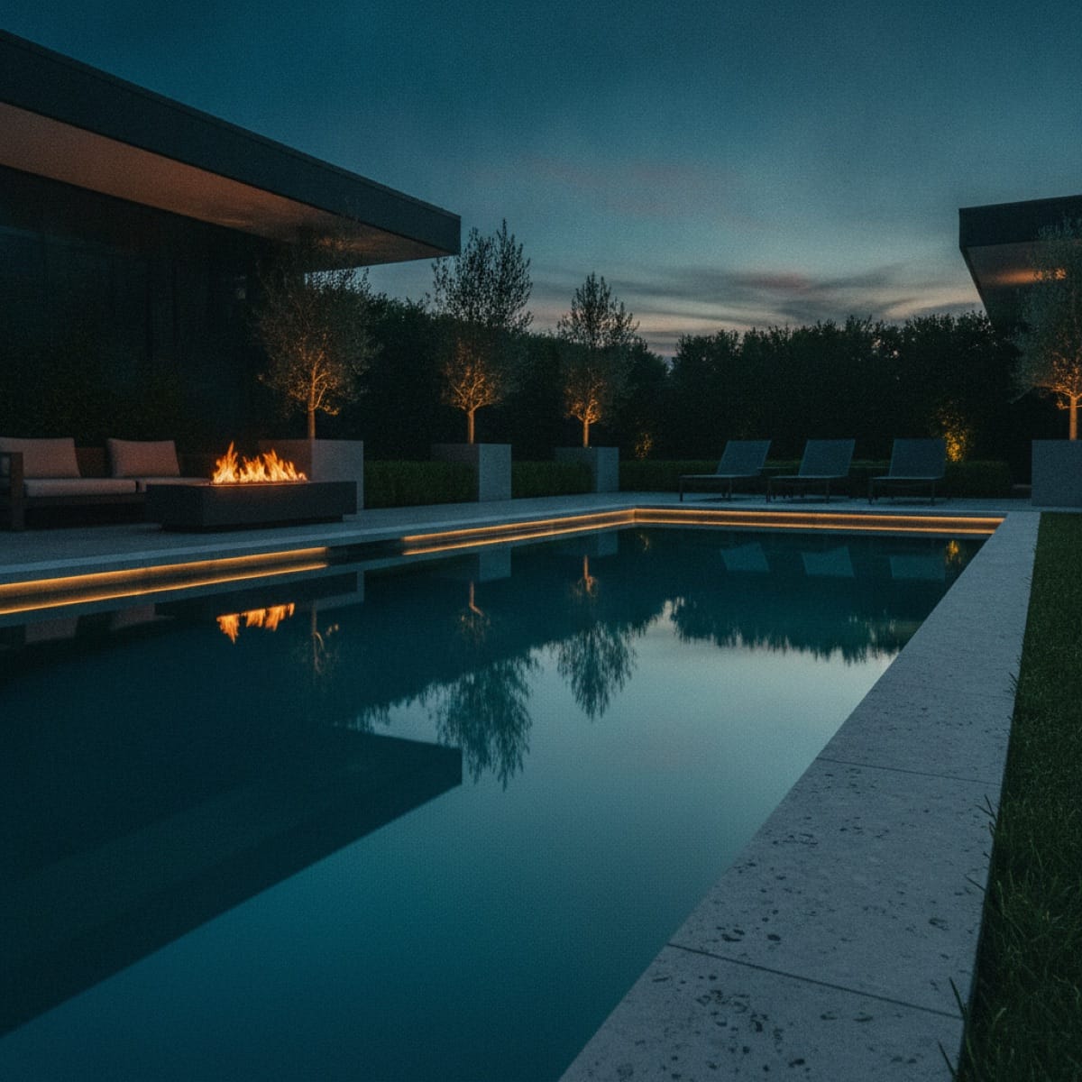 Finished luxury pool at dusk as a portfolio proof shot for a pool builder website