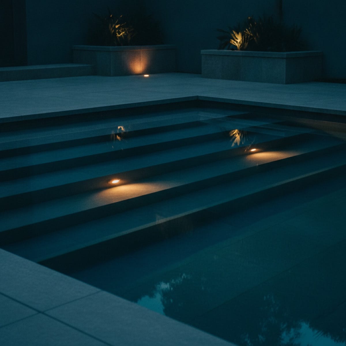 Inviting luxury pool entry steps at dusk with warm accent lighting