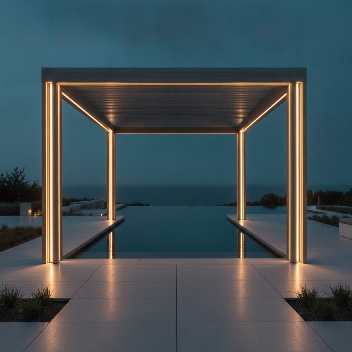 Symmetric modern pergola beside a luxury pool at dusk, representing precise, structured keyword targeting