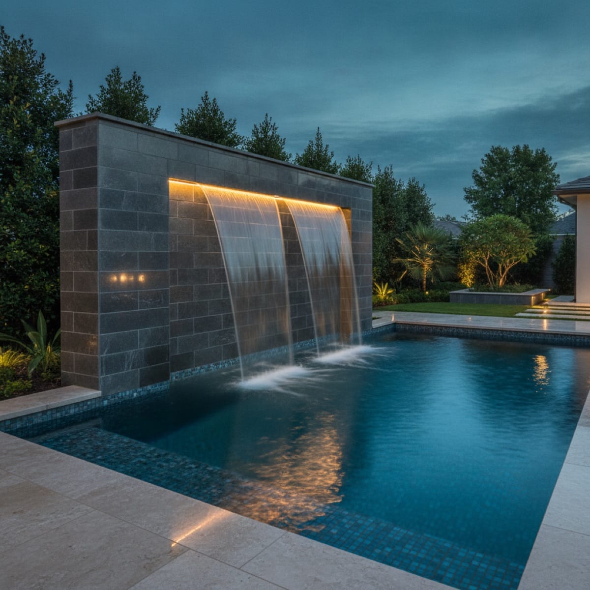Elegant sheer descent water feature on a finished luxury pool at dusk, the premium build quality behind the headline