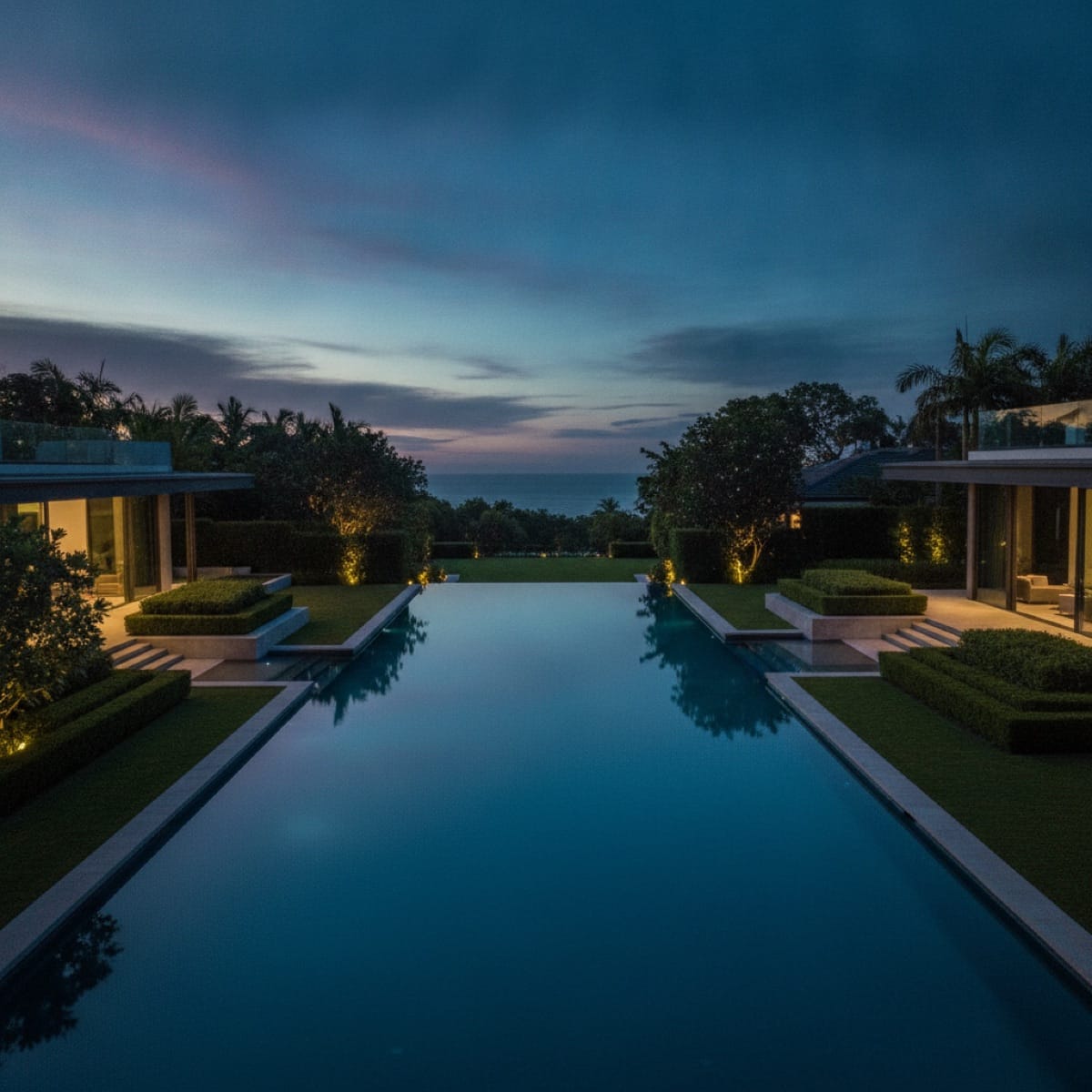 Aerial view of a symmetric luxury pool at dusk, reflecting an ordered, well-maintained profile
