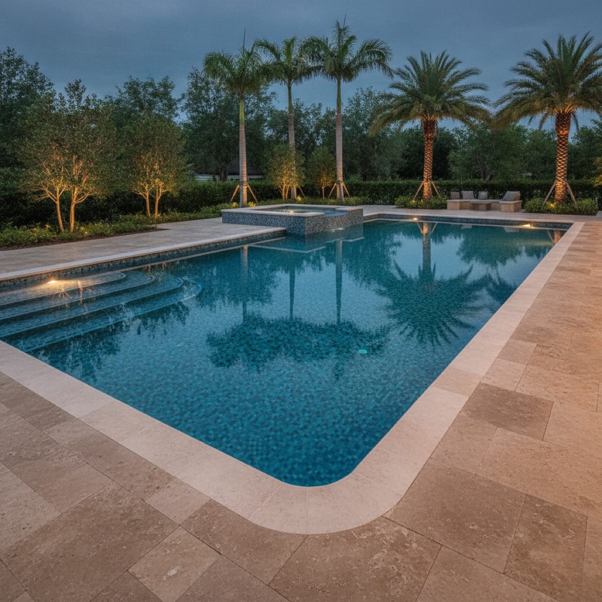 Grand finished luxury pool at dusk showcasing the craftsmanship and trust behind a five-star profile
