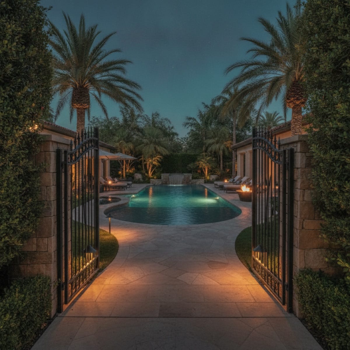 Inviting front gate and walkway leading into a luxury pool oasis at dusk, a path that matches expectations