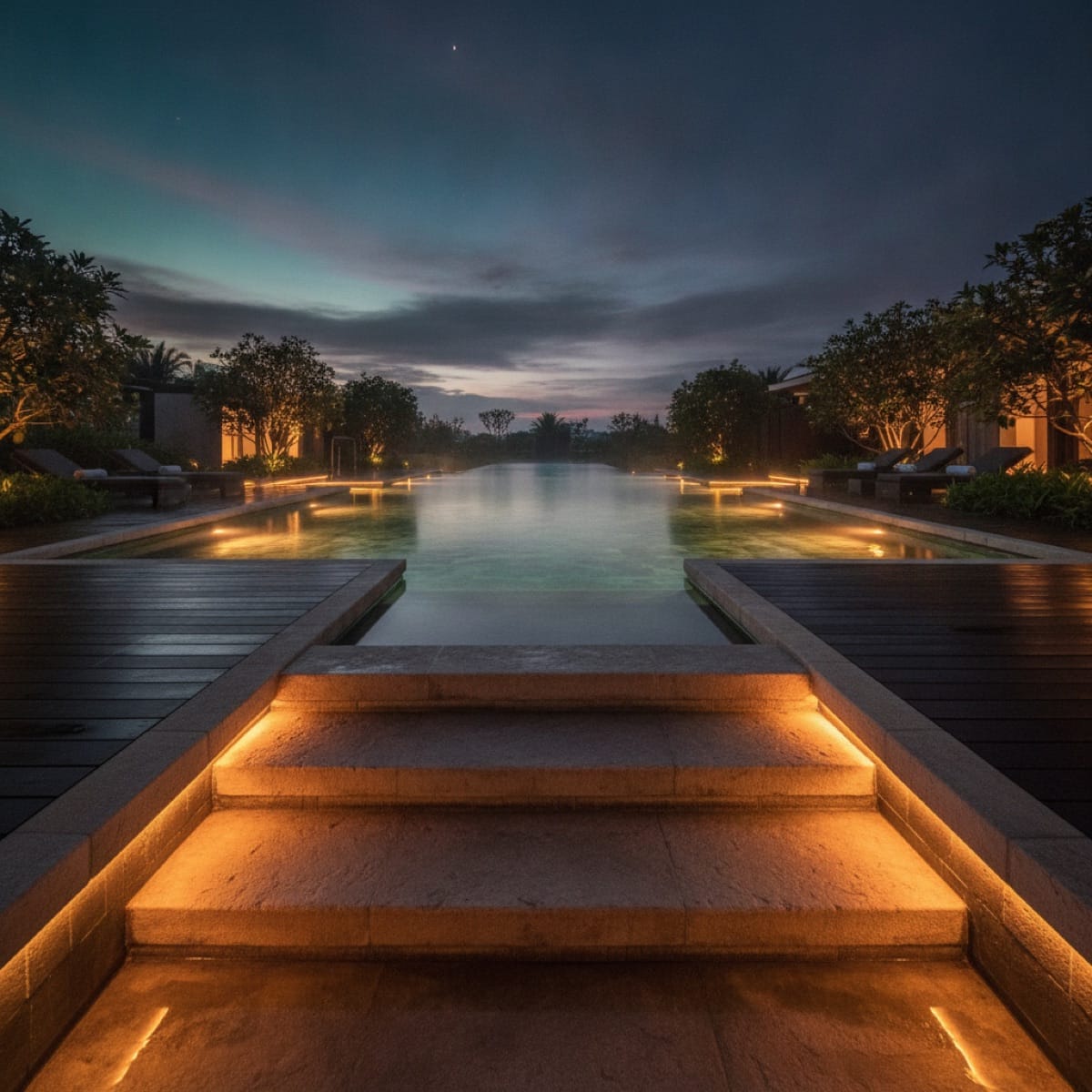 Illuminated stone steps descending directly into a luxury spa at dusk, a simple guided path into the water