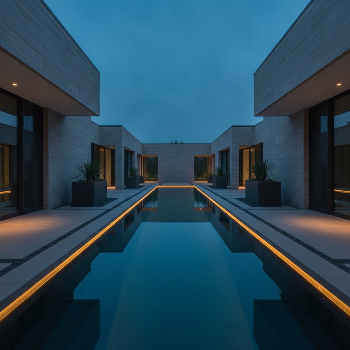 Clean geometric lap pool at dusk representing an orderly, well-structured operation