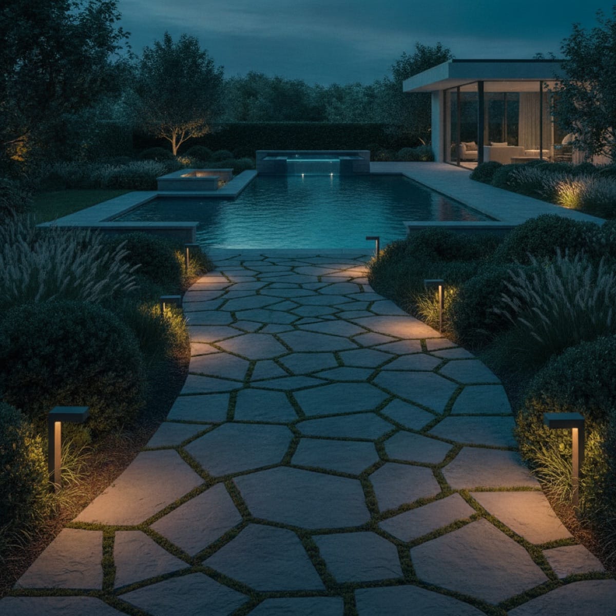 Illuminated stone pathway leading to a lit pool at dusk, a clear, guided path to the point