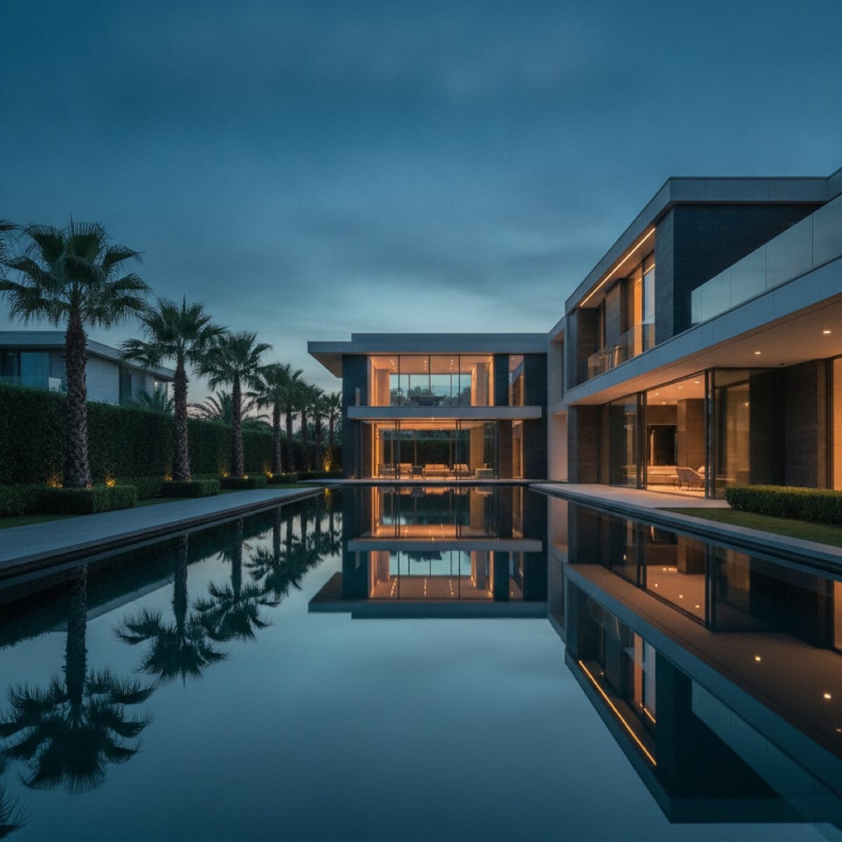 Modern architecture reflected in a still luxury pool at dusk, representing a disciplined, current campaign structure