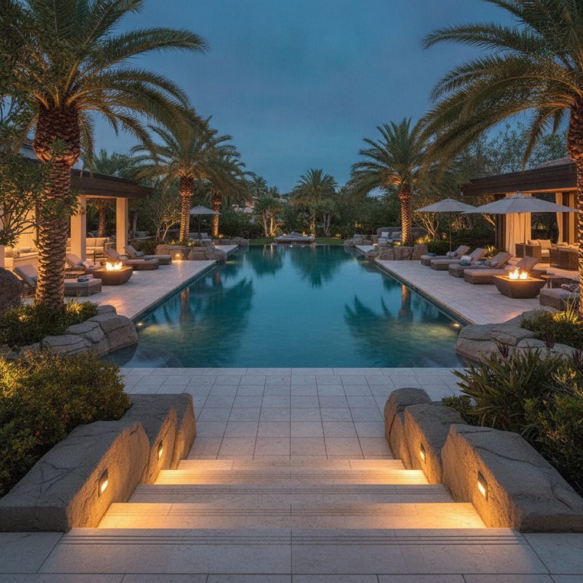Illuminated steps leading down to a pool deck at dusk, a clear guided path from ad click to appointment