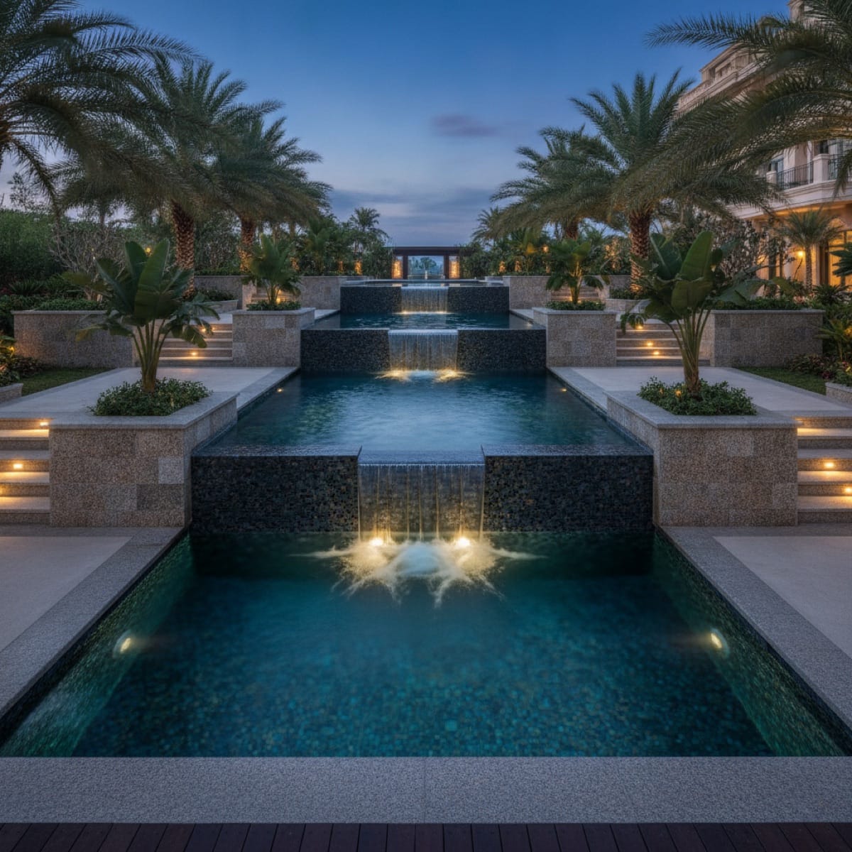Tiered luxury pool with a stone waterfall at dusk, showcasing the authority and craftsmanship backlinks vouch for