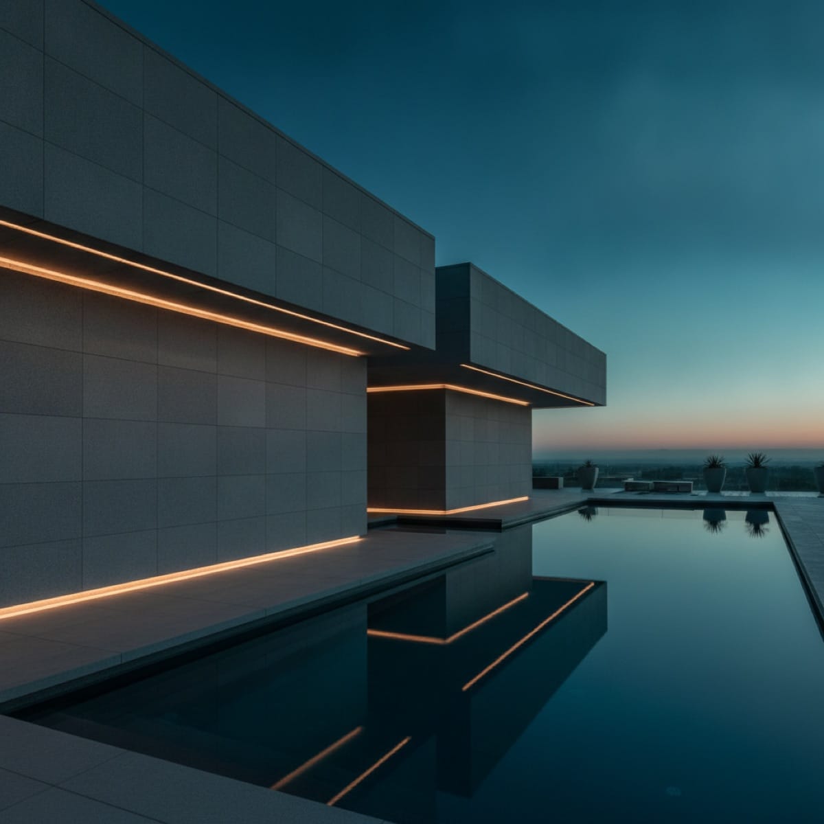 Precise geometric spa structure with sharp stone edges at dusk, representing a clean technical foundation