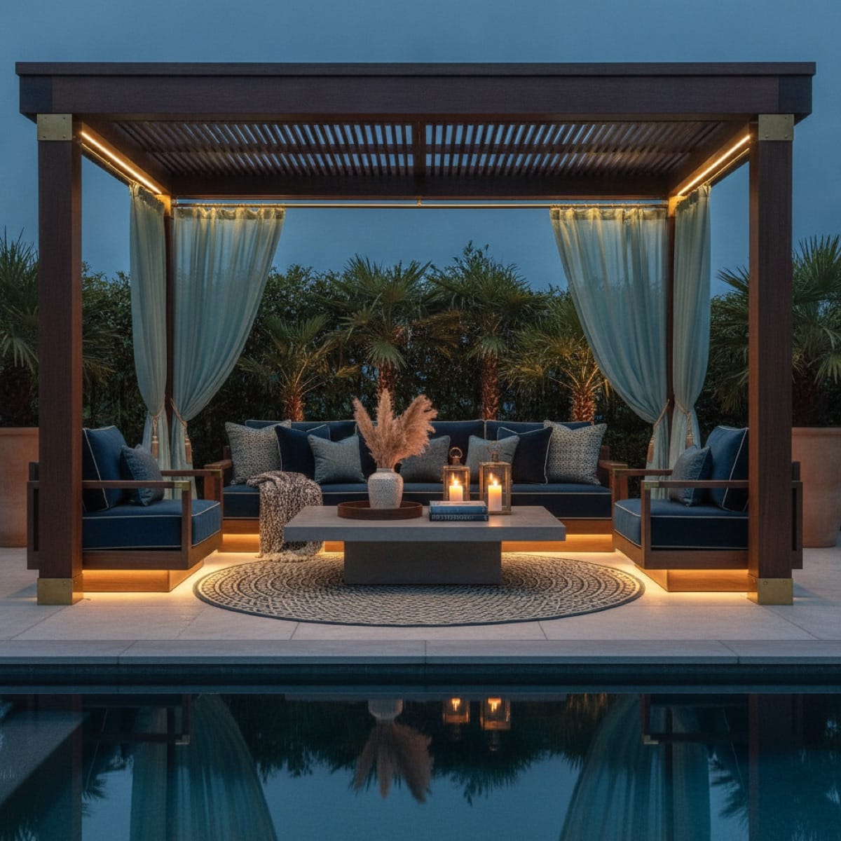 Finely finished poolside cabana lounge at dusk, showcasing the craftsmanship worth proving on social