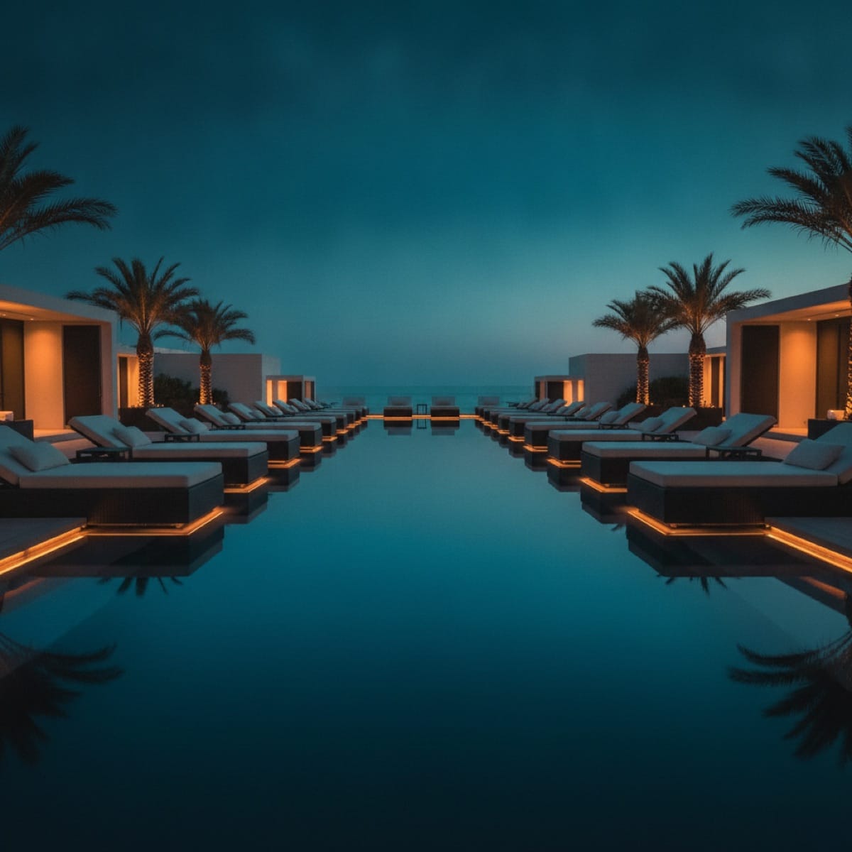 Perfectly orderly row of matching lounge daybeds beside a pool at dusk, representing steady, consistent posting