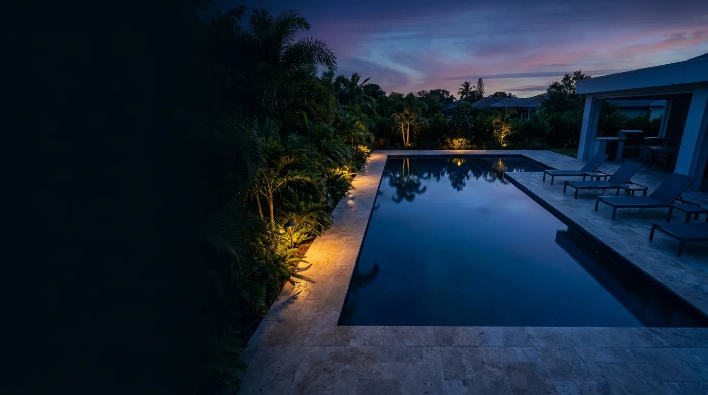 Dark, architectural view of a luxury pool build at dusk, premium and moody